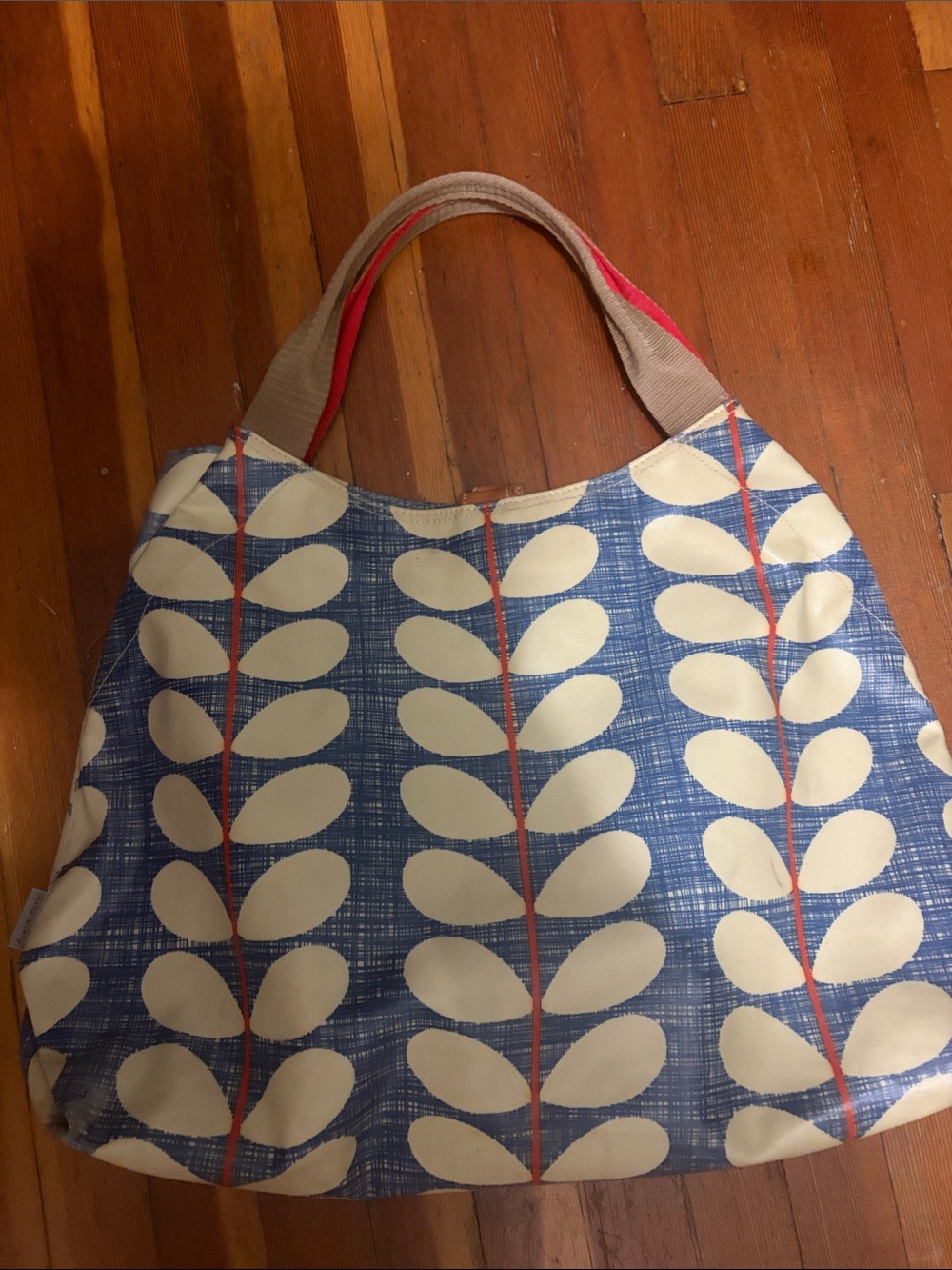 Blue and White Leaf Print Tote Bag with Neutral Handles